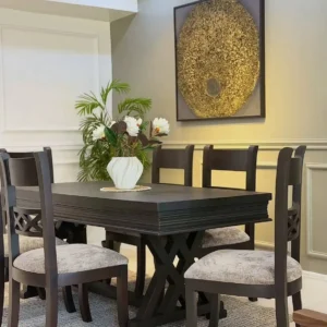 Meru oak dining set with geometric base and upholstered chairs