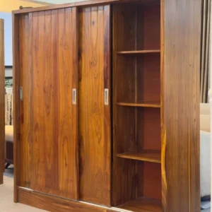 Wooden sliding-door wardrobe with open side shelves