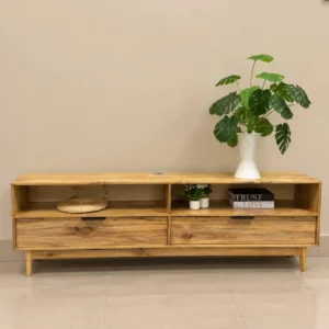 Meru Oak TV console with two open shelves and two drawers