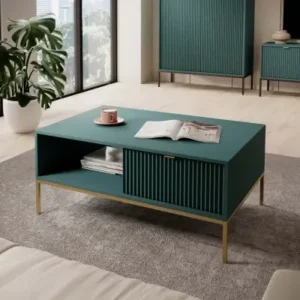 MISHEEL teal storage coffee table with gold-tone metal legs