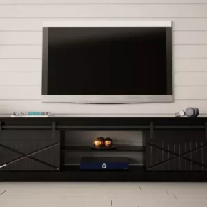 MITSUKO black TV cabinet with sliding doors and open shelves