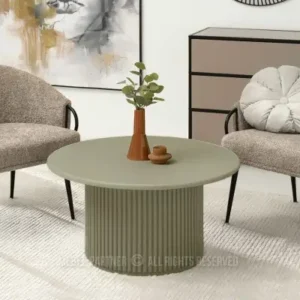 Olive green round pedestal coffee table with ribbed cylindrical base