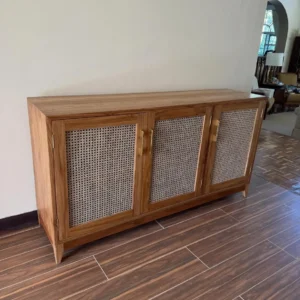 Natural wood-look sideboard with four cane-webbed doors and gold handles