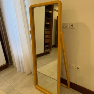 Natural wood-look full length floor mirror with rounded rectangular frame