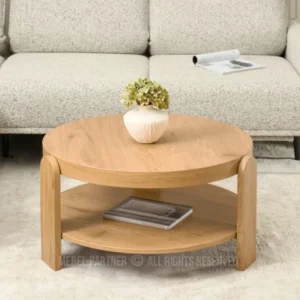 NILS round oak-look coffee table with lower shelf