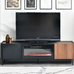 Norlan black and walnut TV stand with integrated electric fireplace
