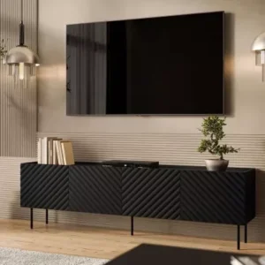 NOXA 2 black TV cabinet with textured fronts and steel legs