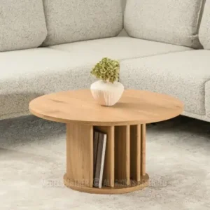 Oak décor 80cm round coffee table with book shelf