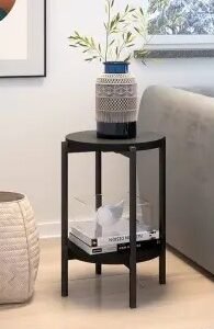 Pasqual black round side table with lower storage shelf
