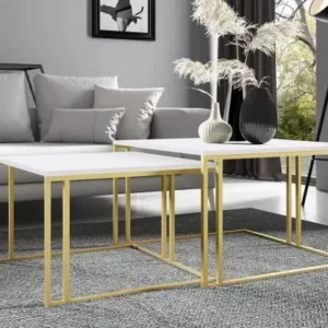 PTYSIA set of two white square nesting coffee tables with gold-tone frames