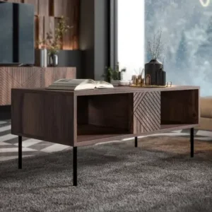 RIESEL walnut coffee table with open storage and black metal legs