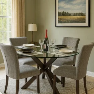 Round glass dining table with dark cross-base in Kenya