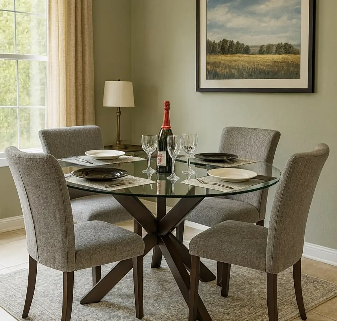 Round glass dining table with dark cross-base in Kenya