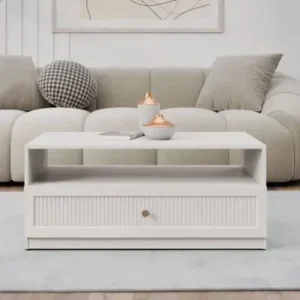 SALTIVILLE beige coffee table with fluted drawer and open shelf