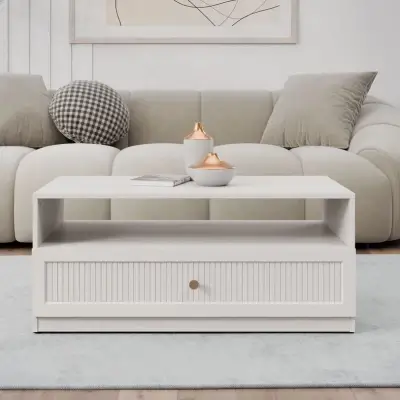 SALTIVILLE beige coffee table with fluted drawer and open shelf