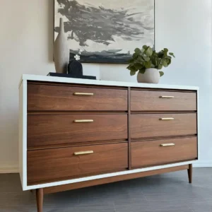 Six-drawer laminated office storage cabinet with wood-tone fronts