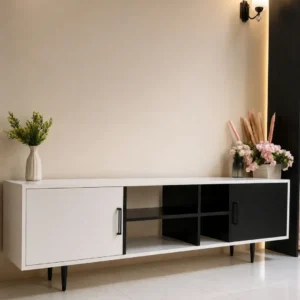 6ft black and white TV stand with open centre shelves