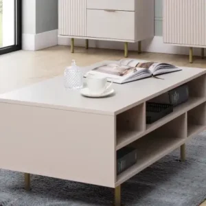 STELLA beige storage coffee table with gold-tone metal legs