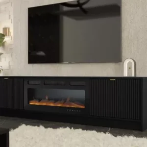 Black TABORO TV unit with integrated electric fireplace