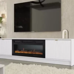 TABORO white TV stand with integrated electric fireplace