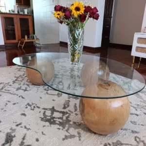Round glass coffee table with three sculptural mahogany supports