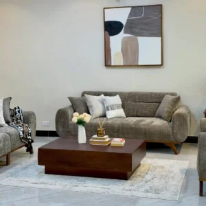 Taupe 3-2-1 sofa set with rounded arms and textured upholstery