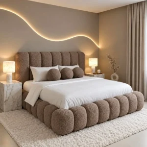 6×6 taupe upholstered bed with rounded panel headboard and foot end