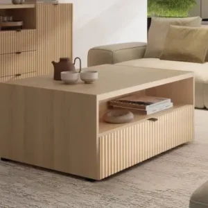 TROUTDALE oak-look coffee table with fluted drawer and open shelf