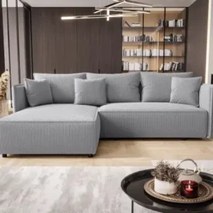 : VELOURA light grey ribbed left corner sofa bed with cushions