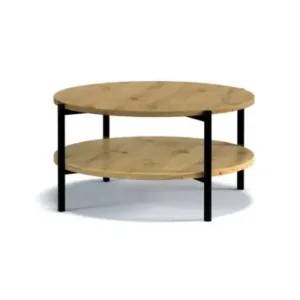 VILEM round Artisan oak-look coffee table with black metal frame and lower shelf