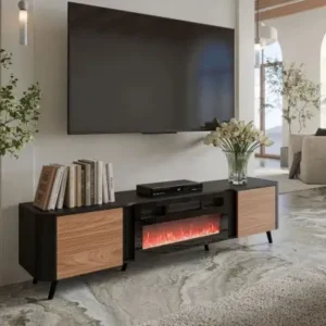 200cm walnut and black TV stand with electric fireplace