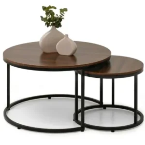 Walnut-look round nesting coffee tables with black metal bases
