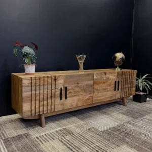 Walnut-tone four-door sideboard cabinet with black handles, slatted outer fronts and raised legs