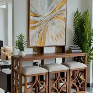 Warm brown geometric console table with open side panels in Kenya