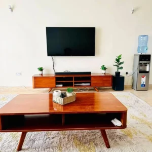 Warm-brown TV stand and rectangular open-shelf coffee table set