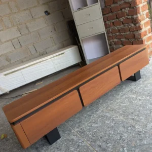 Warm-brown low TV stand with three closed front panels