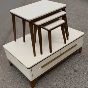 White and brown storage coffee table with three nesting tables