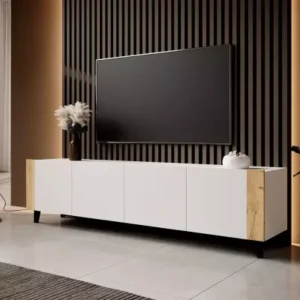 white LORDA TV stand with Kraft oak side inserts