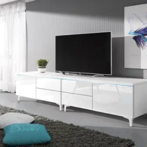 200cm white TV stand with drawers and blue LED lighting