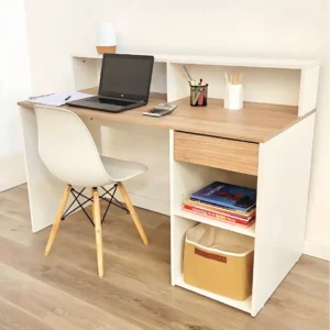 White study desk with wood-look desktop, raised bookshelf, drawer and open side storage