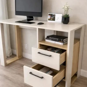 White study desk with two drawers, open storage shelf, natural wood-look sections and black handles