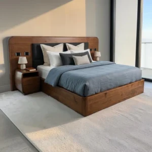 Wooden bed with wide surround headboard and dark centre panel in Kenya