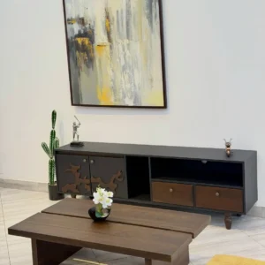 Wooden TV console and matching coffee table set in brown and dark finish
