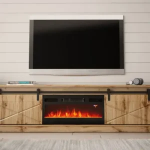 200cm Wotan oak TV stand with electric fireplace and sliding doors