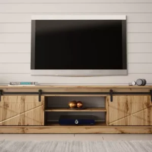 200cm Wotan oak TV stand with sliding doors and open shelves