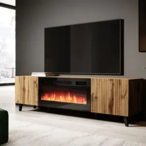 181cm Wotan oak TV stand with electric fireplace and textured doors