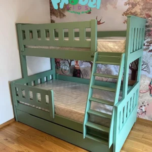 Green double decker bed with front ladder, slatted guards and lower pull-out trundle section