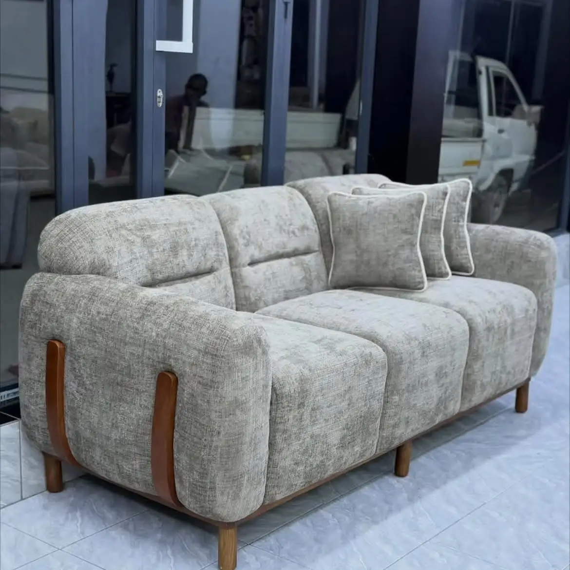 Abbott light grey 3+2 sofa with rounded arms and wood accents