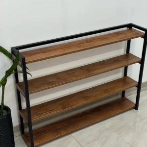Open shoe rack with four brown wood-grain-look shelves and a black rectangular frame.