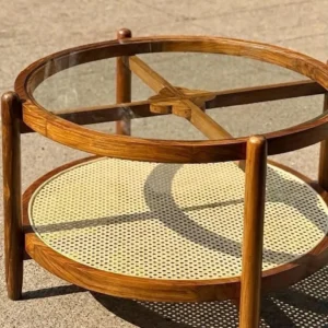 Ainsley round rattan and mirror coffee table with woven lower shelf